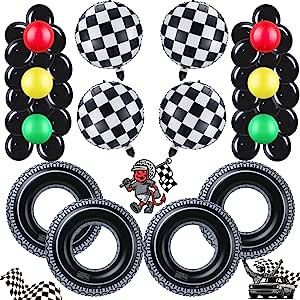 Tire Balloon, Balloons Black And White, Light Balloons, Race Car Party Decorations, Race Car Themes, Car Themed Parties, Car Birthday Theme, Swimming Ring, Cars Theme Birthday Party