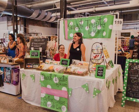 Sweet Treats by Melissa! Great use of signage, has her table signage, booth number, a-frame, and banner in the back. Good example of an indoor booth space. This is only a 6x6! #craftfairdisplay #jackalopedenver #boothdisplayideas 10 X 10 Market Booth, Signs For Market Booth, Sign For Market Booth, Wood Sign Booth Set Up, Vendor Booth Display Artwork, Vender Booth Ideas, Fall Festival Booth, Vender Booth, Bazaar Booth