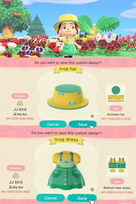 Animal Crossing Frog Island, Animal Crossing Frog Clothes, Animal Crossing Frog Design, Animal Crossing Hat Codes, Acnh Frog Island, Acnh Frog Designs, Acnh Design Id Codes Clothes, Animal Crossing Hat Designs, Acnh Hat Design Codes