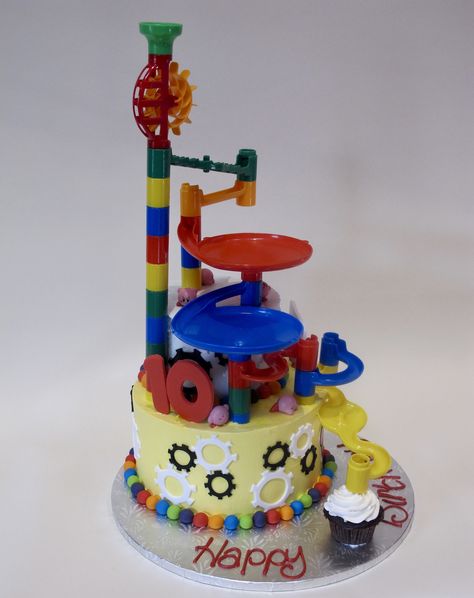 Colin's Marble Maze 10th Birthday Cake - Side 2 300447 | Customer provided marble maze pieces and little Kirbys Marble Run Cake, Marble Run Birthday Party, 10th Birthday Cake, Marble Party, Marble Race, Marble Maze, 10 Birthday Cake, Robot Party, 2 Birthday Cake