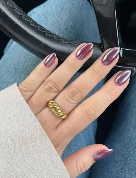 Plum Nails With Chrome, Dark Purple Nails Chrome, Chrome Plum Nails, Dark Silver Chrome Nails, Dark Chrome Nails Designs, Purple With Chrome Nails, Dark Pink Acrylics, Deep Purple Chrome Nails, Chrome Maroon Nails