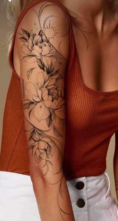 Wolf Flowers Tattoo, Elegant Upper Arm Tattoos For Women, Peonies Back Tattoo, Cover Up Tattoo Shoulder For Women, Lily Of The Valley Tattoo Sleeve, Fine Line Filler Tattoo, Women Flower Sleeve Tattoo, Sleeve Flower Tattoos For Women, Back Shoulder Flower Tattoo