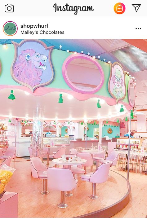 Cleveland, OH - Malley’s Chocolates has a rotating carousel inside, plus look at all this pink 🍬🍦🎀 Aesthetic Cafes, Interior Design Restaurant, Pink Cafe, Bakery Decor, Aesthetic Collection, Design Restaurant, Pastel House, Cozy Spot, Cute Cafe