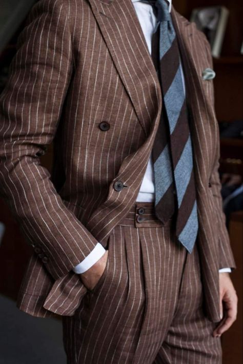 Brown Pinstripe Blazer Outfit, Brown Pinstripe Suit, Party Wear Blazers, Dapper Dress, Evening Suit, Gentleman Outfit, Brown Suit, Mens Fashion Business Casual, Classy Suits