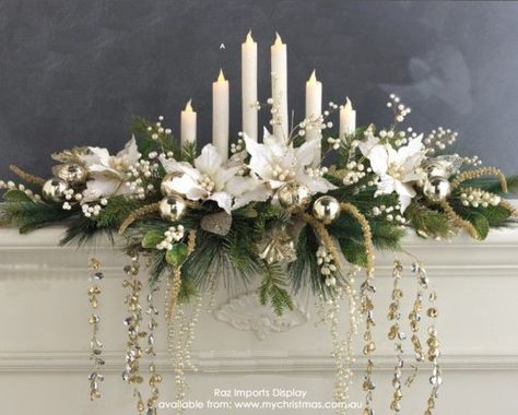 raz imports | Raz Imports traditional mantel display Rose Gold Christmas Decorations, Christmas Centers, Silver Christmas Decorations, Rose Gold Christmas, Christmas Flower Arrangements, Christmas Floral Arrangements, Gold Christmas Decorations, Christmas Centerpieces Diy, White Christmas Decor