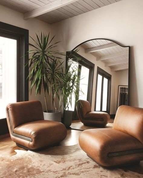 Four Hands (@fourhandsfurniture) • Instagram photos and videos Corner With Mirror, Oversized Floor Mirror, Iron Mirror, Lounge Corner, Statement Chairs, Leather Swivel Chair, Chestnut Leather, Exposed Wood, Selling Furniture