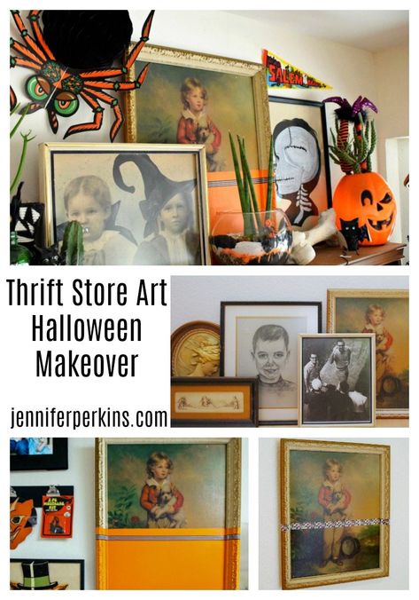 Easy DIY Thrift Store Art Halloween Makeover Jennifer Perkins #halloweenmakeover #diyhalloween #thriftstore Halloween Frames Diy, Thrift Store Halloween, Thrift Store Art, Thrift Store Diy, Fairy Halloween Costumes, Halloween Frames, Halloween Supplies, Halloween Everyday, Vintage Halloween Decorations