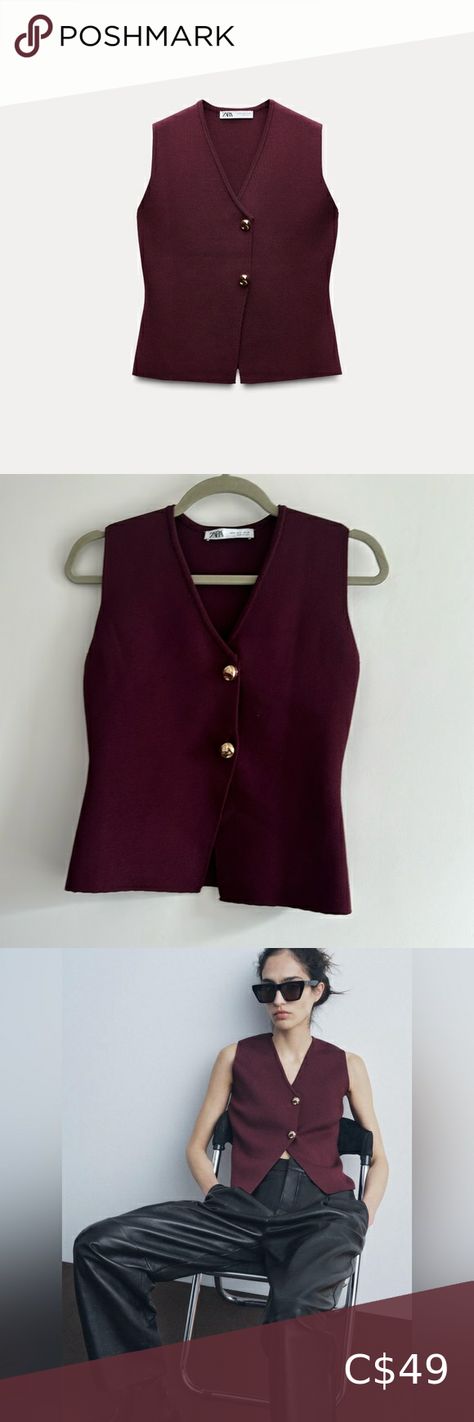 NWOT Zara burgundy knit gold buttons vest Vest Style, Vest Fashion, Sleeveless Vest, Gold Buttons, Top Styles, Zara, V Neck, Knitting, Jewelry Watches