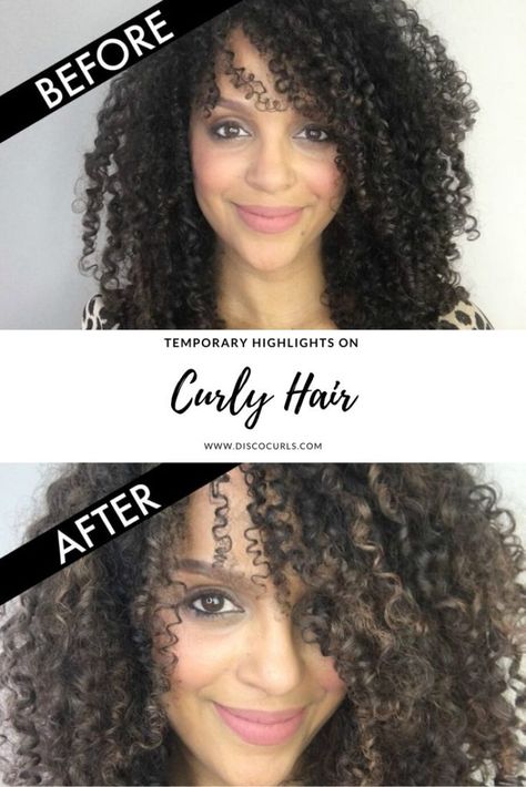 Temporary Highlights With Hair Flash Color - DiscoCurls #temporaryhighlights #temporaryhaircolor #hairflashcolor Temporary Highlights, Wash Out Hair Color, Oil For Curly Hair, Natural Looking Highlights, Curly Hair Accessories, Fine Curly Hair, Highlights Curly Hair, Temporary Hair Dye, Coloured Hair