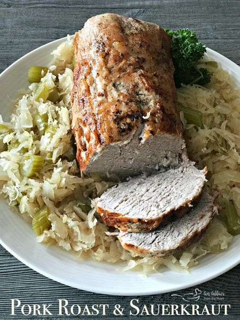 Perfectly roasted pork roast, sitting on a bed of Frank's Sauerkraut. Bringing the family together for decades. Pork Roast Sauerkraut, Pork Loin Center Roast, Can Cooker Recipes, Pork And Sauerkraut Recipe, Pork Roast And Sauerkraut, Pork Chops And Sauerkraut, Can Cooker, Boneless Pork Roast, Sauerkraut Recipe