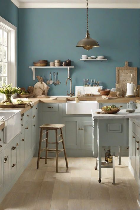 home decor interior design, interior bedroom design, kitchen designs, home paint colors Colors For Small Kitchen, Sherwin Williams Kitchen Paint Colors, Color Kitchen Walls, Kitchen Blue Walls, Kitchen Wall Paint, Cream Cabinet, Blue Kitchen Walls, Paint Guide, Kitchen Colour