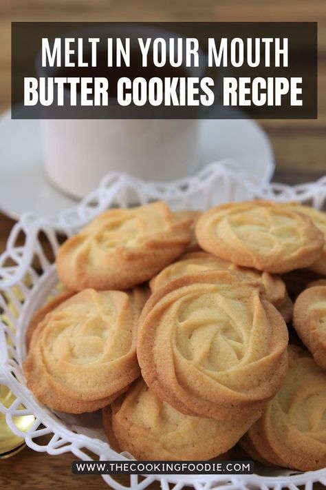 These butter cookies have many different names (Danish butter cookies/melting moments/Pastisetas and more). It doesn't matter how you call these cookies, one thing is certain, these rich cookies are melting in your mouth. These butter cookies are perfect as Christmas cookies and they are really easy to make and doesn’t contain any eggs (eggless recipe). Butter In Cookies Chart, Melt In Your Mouth Peanut Butter Cookies, Worlds Best Butter Cookies, Rich Butter Cookies, Melt In Mouth Cookies, Danish Butter Cookie Recipe Easy, 3 Ingredients Butter Cookies, Salted Butter Cookies, Usda School Cafeteria Recipes