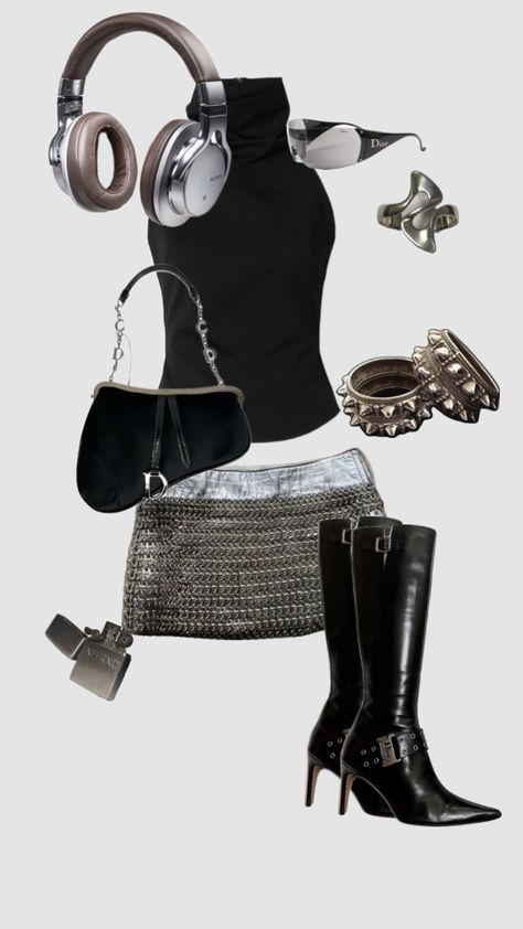 Dior realness #dior #outfitinspo #chainmail #silver #boots #chrome Dior Boots Outfit, Dior Boots, Silver Boots, Downtown Outfits, Fashion Mood Board, Retro Futuristic, Alternative Outfits, Wardrobe Style, Boots Outfit