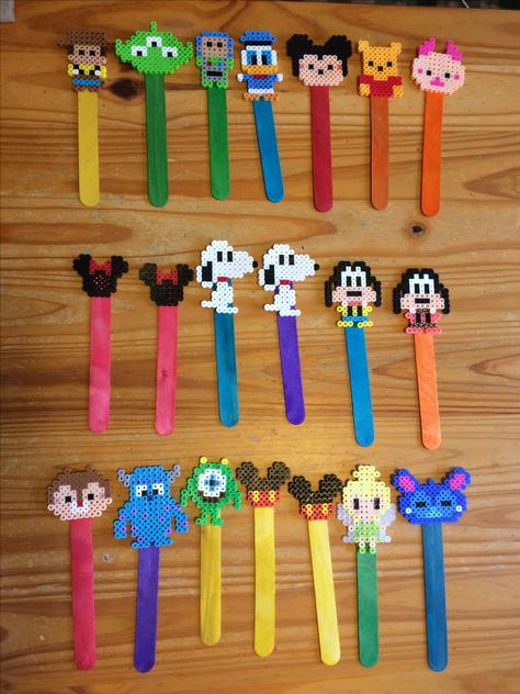 Perler Bead Disney Bookmarks                                                                                                                                                     More Disney Iron Beads, Iron Beads Bookmark, Hama Bookmarks, Pyssla Bookmark, Iron Beads Disney, Bookmark Perler Beads, Hama Beads Bookmark, Perleplader Ideas Disney, Perler Beads Bookmark