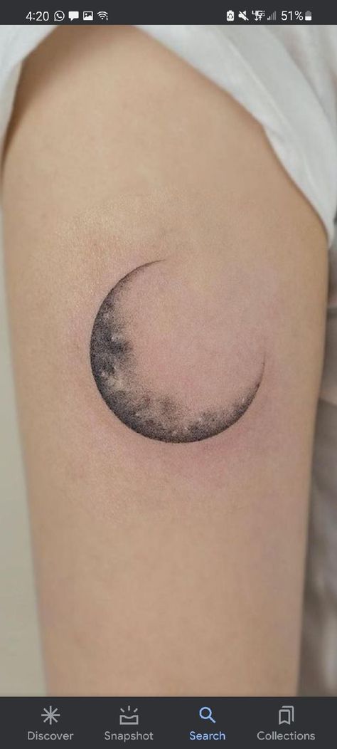 Crescent Moon Shaded Tattoo, Moon Tattoo Neck Back, Waxing Gibbous Tattoo, First Quarter Moon Tattoo, Quarter Moon Tattoo, Waxing Gibbous Moon Tattoo, Moon Tattoo Realistic, Moon Tattoo Shoulder, Waning Crescent Moon Tattoo