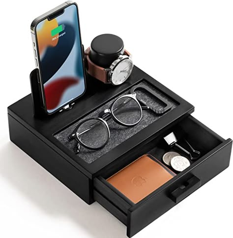 Sidekick Phone, Edc Storage, Wood Charging Station, Functional Nightstand, Desk Clutter, Nightstand Organizer, Mens Bedroom Decor, Phone Docking Station, Nightstand Organization