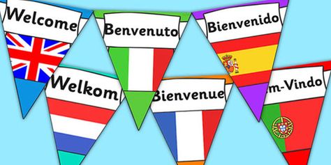 Mixed Languages Welcome Bunting Esol Classroom, European Day Of Languages, Different Country Flags, Number Bonds To 10, Hello In Languages, Classroom Welcome, Display Lettering, School Displays, Classroom Organisation