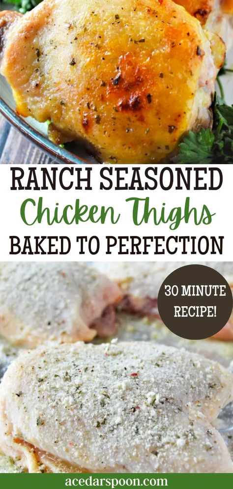 These oven baked ranch chicken thighs are a quick and easy weeknight meal that your whole family will love. With just a few simple ingredients, this dish is sure to become a regular on your dinner rotation. So put down the take-out menu and give these chicken thighs a try tonight! Chicken Leg Thigh Recipes Oven, Ranch Seasoning Baked Chicken, Cooked Chicken Thigh Recipes, Boneless Skinless Chicken Thigh Recipes Ranch Seasoning, Chicken Thigh Quick Recipe, Optavia Chicken Thigh Recipe, Weight Watcher Chicken Thigh Recipes, Ranch Chicken Legs In The Oven, Chicken Leg Thigh Recipes