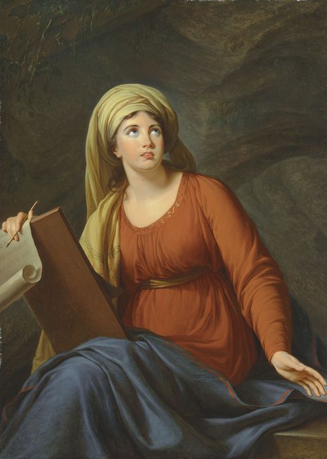 Elisabeth-Louise Vigée Le Brun  (Paris 1755-1842).  Portrait of Emma Hart, later Lady Hamilton (1765-1815), as the Cumaen Sibyl.  54 ½ x 39 in / 138.4 x 99 cm.  Probably formerly in the collection of Timoléon de Cossé-Brissac, Duc de Brissac (1775-1848). Lady Hamilton, Greek Costume, Maria Theresa, History Painting, Classic Paintings, Elegant Art, Famous Women, Marie Antoinette, Female Artists