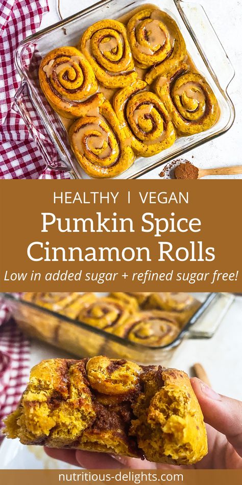 Healthy Vegan Pumpkin Spice Cinnamon Rolls - Nutritious Delights Pumpkin Spice Cinnamon Rolls, Healthy Cinnamon Rolls, Gluten Free Apple Crisp, Vegan Pumpkin Spice, Vegan Cinnamon Rolls, Pumpkin Cinnamon Rolls, Cinnamon Rolls Recipe, Healthy Pumpkin, Vegan Pumpkin