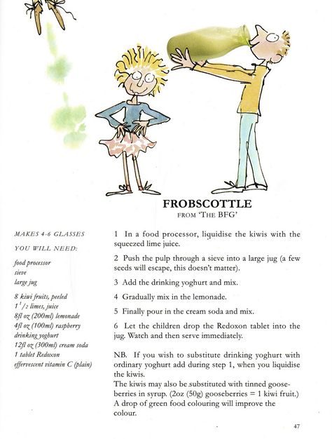 HJ03 Design Context: Frobscottle Recipe Rahl Dahl, Bfg Book, Bfg Party, Bfg Activities, Nerdy Recipes, Roald Dahl Activities, Ronald Dahl, Story Spoons, Brownies Activities