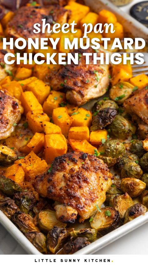 This easy recipe for Sheet Pan Honey Mustard Chicken Thighs is a delicious one pan meal complete with perfectly roasted vegetables. Honey Mustard Chicken Thighs, Mustard Chicken Thighs, Chicken Thighs Dinner, Honey Mustard Recipes, Sheet Pan Meals Chicken, Roast Chicken Dinner, One Pan Meal, Sheet Pan Dinners Chicken, Paleo Main Dishes