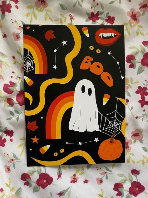 Halloween Print of a ghost saying Boo! It is 5x7 with a matte finish on cardstock. Halloween Art Inspo Easy, Halloween Cow Painting, Fall Halloween Canvas Painting, Cute Spooky Painting Ideas, Mushroom Ghost Painting, Spooky Season Painting Ideas, Random Canvas Painting Ideas, Posca Canvas Ideas, Sip And Paint Ideas Halloween