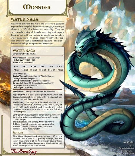 Water Naga | The neutral, sea serpent companion to the Spirit and Guardian Nagas : UnearthedArcana Dnd Water Monsters, Dnd 5e Water Creatures, Dnd 5e Ocean Monsters, 5e Sea Monsters, Sand Monster Dnd, Sea Encounters Dnd, Dnd Underwater Monsters, Myths & Monsters, Sea Serpent