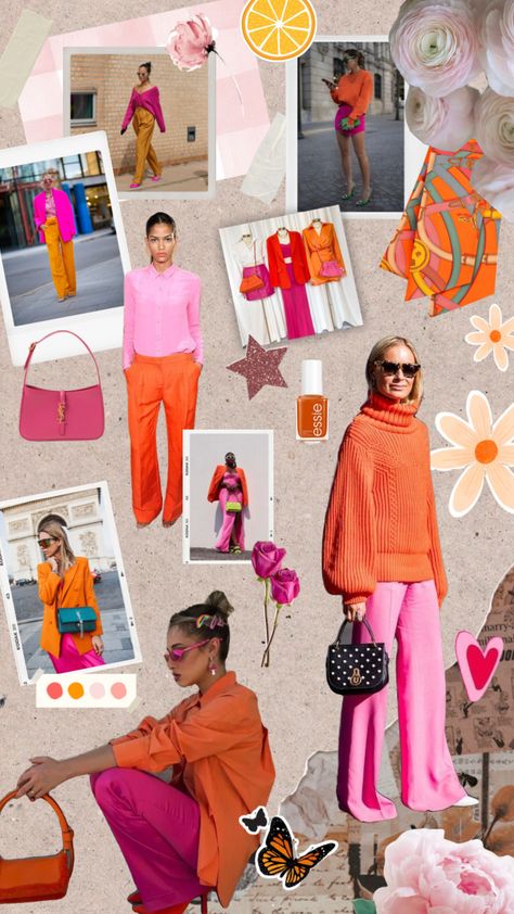 Orange and pink outfit inspiration #outfitinspiration #outfitinspo #fashioninspo #fashionmoodboard #aesthetic #pink #pinkaesthetic  #colorpalette #orange #orangeaesthetic #pinkandorange Sunset Color Palette Outfit, Bright Contrast Color Palette, Pink And Orange Fashion, Pink And Orange Clothes, Pink And Orange Instagram Feed, Orange Tee Outfit, Wheelchair Crochet, Pink And Orange Outfits, Orange Pink Outfit