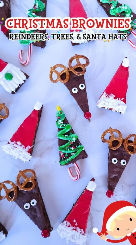 How to make Christmas Brownies to look like Santa hats, reindeers, and Christmas trees. #christmas #brownies #dessert Brownie Christmas Trees And Santa Hats, Santa Brownie Bites, Brownie Bite Santa Hats, Brownie Christmas Ideas, Christmas Brownies Decoration, Christmas Brownies Ideas, Santa Hat Brownies, Brownies Christmas, Taco Bell Taco