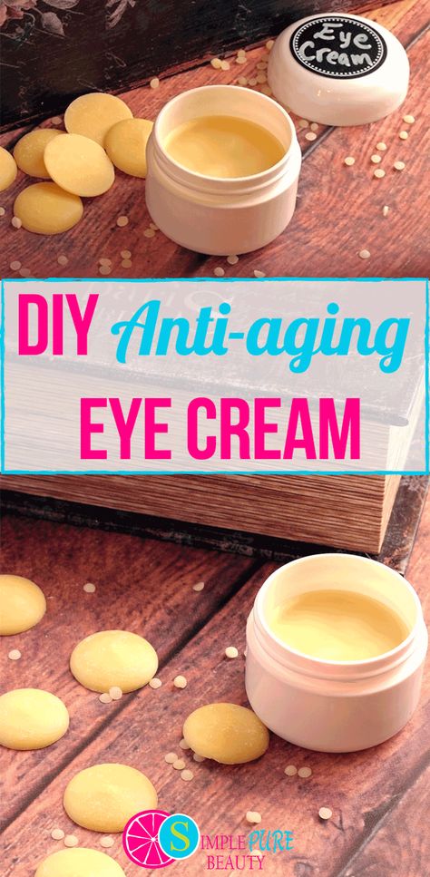 This DIY Anti-aging Eye Cream is simple to make and packed with anti-aging ingredients. Making homemade eye cream just requires a few ingredients including: cocoa butter, coconut oil, rosehip seed oil, beeswax and vitamin e oil. Melt down the cocoa butter and mix together with the rest ingredients. Poor into a container and let cool. So easy! #eyecream #anti-aging Diy Eye Cream Recipe, Eye Cream Recipe, Eye Cream For Wrinkles, Homemade Eye Cream, Diy Eye Cream, Skin Care Routine For 20s, Diy Anti Aging, Creme Anti Age, Anti Aging Eye Cream