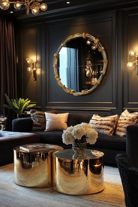 "Add elegance and style to your space with Glamorous Gold Decor! ✨🏡 A great way to create a polished and luxurious atmosphere. 🌿✨ #GoldInspo #GlamStyle #HomeDesign" Black Wall With Gold Mirror, Home Decor Moody, Black And Gold Vanity, Black Gold Room Decor Ideas, Gothic Salon Decor Interior Design, Lux Home Decor, Living Room Designs Gold, Black And Gold Home, Mansion Decor