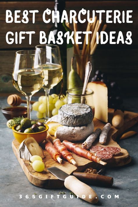 A charcuterie gift basket is a great idea for meat and cheese lovers and foodies. It contains everything for a delightful evening at home. This selection of charcuterie gift baskets is gorgeous and thoughtful. #gifts #giftshop #giftidea #giftideas #gift #charcuterie #giftbasket #charcuteriegiftbasket #charcuteriegiftbasketideas #charcuteriebox Christmas Charcuterie Gift Basket, Charcuterie Board Gift Accessories, Gift Basket Charcuterie Board, Gift Basket Ideas Charcuterie, Charcuterie Themed Gift Basket, Gifting A Charcuterie Board, Cheese Board Gift Basket Diy, Appetizer Gift Basket Ideas, Wrapping Charcuterie Board Gift