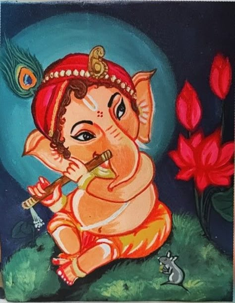 Baby Ganesha acrylic painting on Canvas Ganesh Ji Acrylic Painting On Canvas, Lord Ganesha Canvas Painting, Ganesh Glass Painting, Ganesh Ji Oil Pastels Drawing, Ganesh Ji Water Colour Painting, Canvas Painting Ideas Ganesha, Ganesh Ji Painting Easy, Bal Ganesha Painting, Cute Ganesha Painting