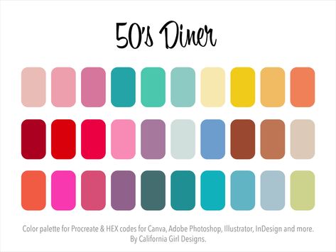 Diner Color Palette, 1950s Color Palette, Color Palette For Procreate, Diner Aesthetic, 50's Diner, Vintage Colour Palette, 50s Diner, Colour Swatches, Retro Color Palette