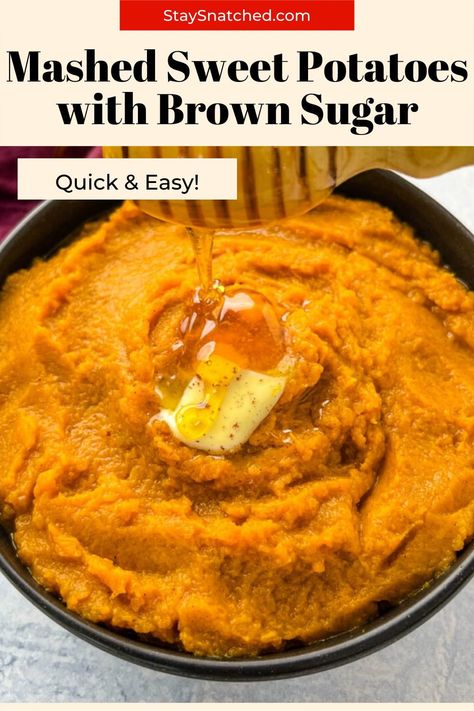 These Easy Mashed Sweet Potatoes with Brown Sugar are perfectly cooked and served whipped with cinnamon, butter, and nutmeg. Feel free to drizzle them with honey or maple syrup if you wish. Sweet Potatoes With Brown Sugar, Easy Mashed Sweet Potatoes, Brown Sugar Recipe, Mashed Yams, Brown Sugar Sweet Potatoes, Whipped Sweet Potatoes, Sweet Potato Recipes Mashed, Maple Sweet Potatoes, Canning Sweet Potatoes