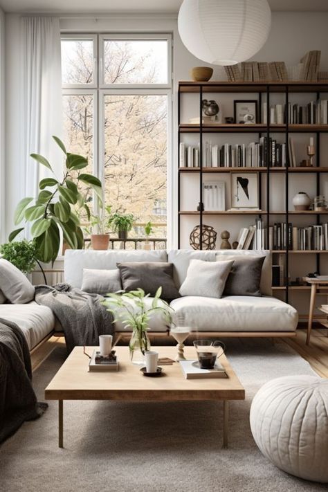 Nordic Style Apartment, Modern Nordic House Interiors, Japandi Shelving, Japandi Essentials, Scandinavian Living Room Nordic Style Interior Design, Danish Style Living Room, Plants Japandi, Nordic Minimalism Decor, Japandi Studio