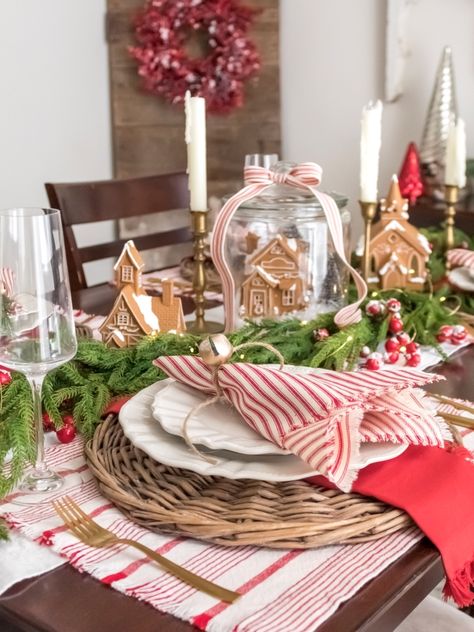 Christmas Table Gingerbread, Red Tablescape Christmas, Classic Christmas Tablescapes, Round Christmas Tablescapes, Christmas Tea Tablescapes, Candy Cane Tablescape, Gingerbread Table Setting, Peppermint Tablescape, Christmas Tablescapes Round Table