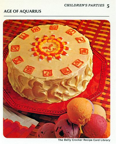 Vintage zodiac cake image from Eudaemonius Flickr acct Betty Crocker Recipe Card Library, Zodiac Cake, Betty Crocker Recipe Cards, Trolls Cake, Betty Crocker Cake, Homestuck Trolls, Vintage Dessert, Age Of Aquarius, Food Ads