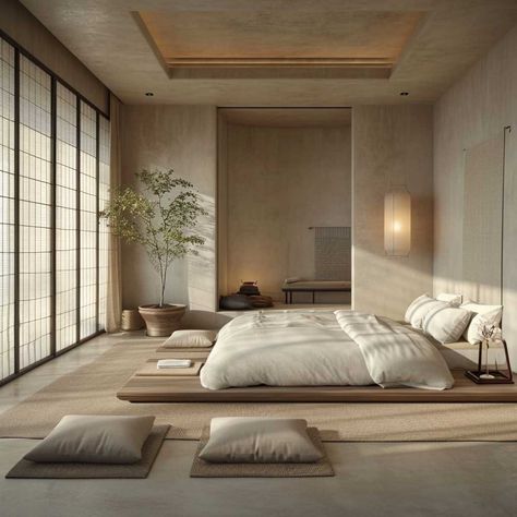 The Gentle Art of Zen Style in Home Interior Design • [ArtFacade] Floor Bed Interior Design, Zen Hotel Room, Soothing Interior Design, Creative Bedroom Designs, Peaceful Interior Design, Modern Zen Bedroom, Zen Style Bedroom, Zen Hotel, Zen Style Interior Design