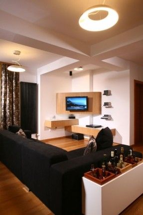 "Tallin Apartment" in Timisoara, Romania by Stefan Lazar - Ezzo Design Corner Tv Ideas, Corner Shelf Design, Corner Tv Cabinets, Tv Mounted, Corner Tv Unit, Flat Screen Tv, Corner Tv Stand, Corner Tv, Living Room Corner