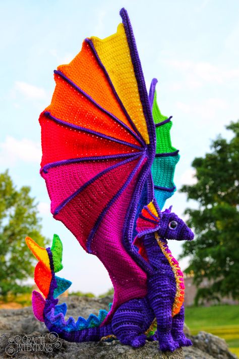 Crafty Intentions — Rainbow Pride Dragon Crochet Dragons, Crochet Critters, Crochet Dragon Pattern, Dragon Stuff, Crochet Dinosaur, Yarn Craft, Crochet Dragon, Dragon Wings, Dragon Pattern