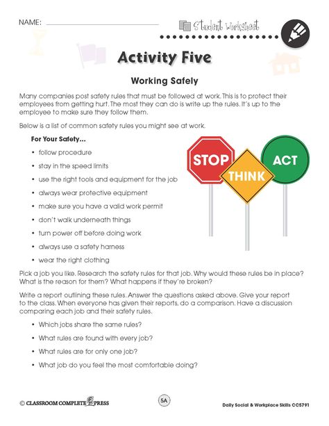 Pick a job and research the safety rules for that job in this FREE activity from CCP Interactive, a division of Classroom Complete Press. See our full ready-made lesson at http://ccpinteractive.com/pdf/daily-social-workplace-skills-ccp5791 #socialstudies #lifeskills #lesson #activity #classroom Nwea Map Practice, Place Worksheet, Nwea Map, Safety Rules, Social Thinking, Work Skills, Fun Worksheets, Future Jobs, School Worksheets