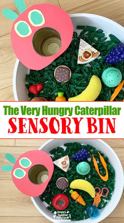 The Very Hungry Caterpillar Sensory Bin Hungry Hungry Caterpillar Activities, Colors Sensory Bin Preschool, Sensory Bins For Upper Elementary, Hunger Caterpillar Activities, Alligator Sensory Bin, Portable Sensory Bins, Book Themed Activities Preschool, Rainbow Fish Sensory Bin, Feed The Animals Sensory Bin