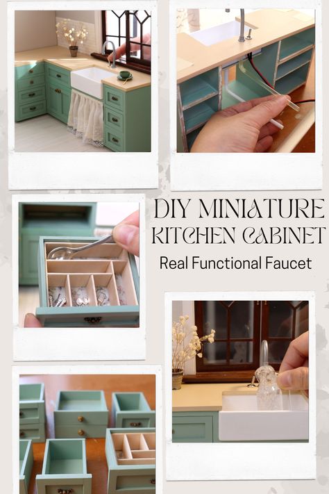 My miniature kitchen cabinets and real working faucet water sink, finally it's done! I just love it. 
More details: 
https://youtu.be/kbADxbqBzLs Miniature Kitchen Cabinets, Diy Miniature Kitchen, Kitchen Cabinet Diy, Dollhouse Kitchen Cabinets, Making Miniatures, Cabinet Diy, Dollhouse Design, Dollhouse Diy, Doll House Plans