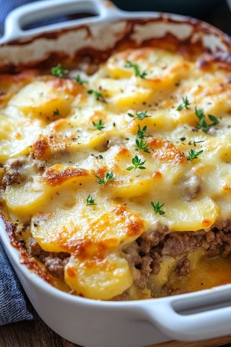 Potato Casserole Healthy, Hamburger And Potato Casserole, Layer Potatoes, Hamburger Potato Casserole, Casserole Healthy, Hamburger And Potatoes, Cheesy Breadsticks, Layered Potato, Easy Hamburger