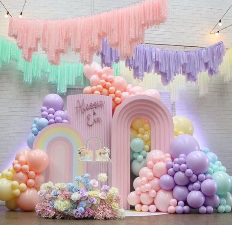 Rainbow Birthday Party Decorations, Rainbow Themed Birthday Party, Candy Theme Birthday Party, Balloons Arch, Rainbow Party Decorations, Unicorn Themed Birthday Party, Pastel Birthday, Rainbow Confetti, Pastel Balloons