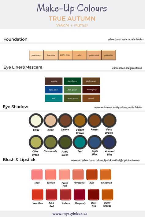 Autumn Color Analysis Makeup, True Autumn Eye Makeup, Makeup For True Autumn, True Autumn Eyeshadow, Deep Autumn Eyeshadow, True Autumn Color Palette Hair, True Autumn Lipstick Colour, True Autumn Color Palette Makeup, True Autumn Makeup Looks