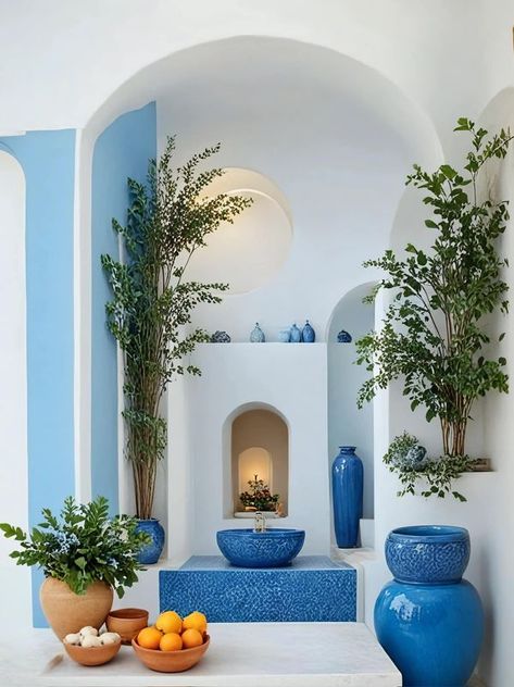 Greek Style Home, Moroccan Villa, Santorini House, Blue Patio, Mediterranean Interior Design, Outdoor Greenhouse, Japanese Interior Design, Mediterranean Interior, Mediterranean Style Homes