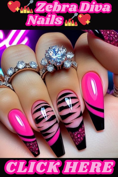 Add a touch of fierce to your feminine style with these bold pink and black zebra stripe nails! Click to explore more bold and sassy nail art ideas on my website.nailart,nails,naildesigns,nailinspo,manicure,beauty,fashion,style,gelnails ,acrylic nails,nailartdesigns,geometricnails,floralnails,frenchmanicure,ombrénails ,marblenails,summernails,winternails,holidaynails,weddingnails,valentinesnails ,rednails,pinknails,bluenails,nudenails,blacknails,springnails Mahogany Nails, Zebra Stripe Nails, Pink Black Nails, Fancy Nail Art, Neon Nail Designs, Zebra Nails, Romantic Nails, Sassy Nails, Gold Glitter Nails